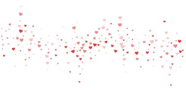 Sevgililer günü kalpleri, uçmak, düşmek, süzülmek. Kırmızı kalpler beyaz arka plana saçılmış. Sevimli sevgililer günü vektör illüstrasyonu.