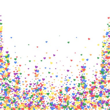 Sevgililer günü kalpleri, uçmak, düşmek, süzülmek. Gökkuşağı renkli dağınık kalpler. LGBT sevgililer günü kartı. Sevimli sevgililer günü vektör illüstrasyonu.