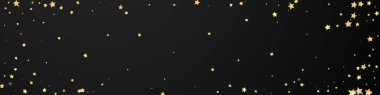 Sihirli yıldızlar vektör kaplaması. Altın yıldızlar rasgele etrafa saçılmış, düşüyor, yüzüyor. Kaotik rüya gibi çocuksu bir şablon. Siyah arkaplan üzerine vektör büyüsü.