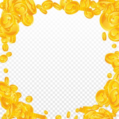 American dollar coins falling. Scattered gold USD coins. USA money. Global financial crisis concept. Square vector illustration.