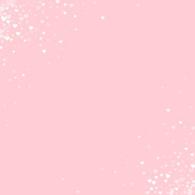 Kalp konfetisi sevgililer günü kaplaması. Beyaz kalpler pembe arka plana saçılmış. Joyfull Heart konfeti vektör çizimi
