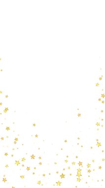 Sihirli yıldızlar vektör kaplaması. Altın yıldızlar rasgele etrafa saçılmış, düşüyor, yüzüyor. Kaotik rüya gibi çocuksu bir şablon. Beyaz arkaplanda mucizevi yıldızlı gece vektörü.