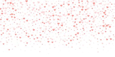 Sevgililer Günü için uçan kalpler. Kırmızı kalpler beyaz arka plana saçılmış. Güzel uçan kalpler vektör illüstrasyonu.