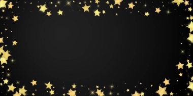 Sihirli yıldızlar vektör kaplaması. Altın yıldızlar rasgele etrafa saçılmış, düşüyor, yüzüyor. Kaotik rüya gibi çocuksu bir şablon. Siyah arkaplanda vektör peri masalı.