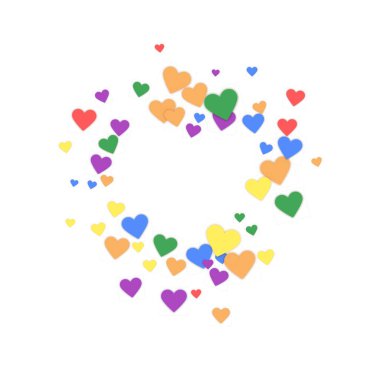 Kalp konfetisi sevgililer günü kaplaması. Gökkuşağı renkli dağınık kalpler. LGBT sevgililer günü kartı. Joyfull Heart konfeti vektör çizimi
