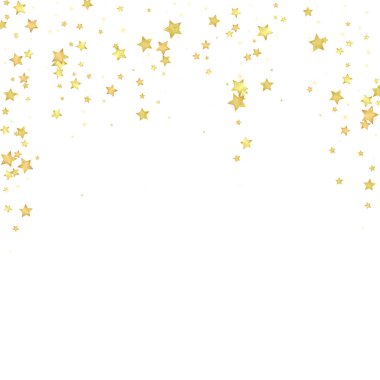 Sihirli yıldızlar vektör kaplaması. Altın yıldızlar rasgele etrafa saçılmış, düşüyor, yüzüyor. Kaotik rüya gibi çocuksu bir şablon. Beyaz arkaplanda vektör peri masalı.