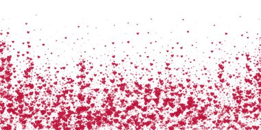 Düşen kalpler sevgililer günü kartı şablonu. Kırmızı kalpler beyaz arka plana saçılmış. Kaotik düşen kalpler vektör illüstrasyonu.