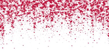 Sevgililer günü kalpleri, uçmak, düşmek, süzülmek. Kırmızı kalpler beyaz arka plana saçılmış. Sevimli sevgililer günü vektör illüstrasyonu.