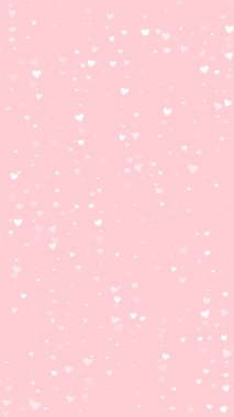 Sevgililer günü kalpleri, uçmak, düşmek, süzülmek. Beyaz kalpler pembe arka plana saçılmış. Sevimli sevgililer günü vektör illüstrasyonu.