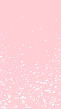 Sevgililer günü kalpleri, uçmak, düşmek, süzülmek. Beyaz kalpler pembe arka plana saçılmış. Sevimli sevgililer günü vektör illüstrasyonu.