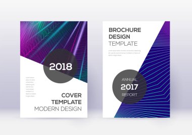 Modern kapak tasarım şablonu. Koyu mavi arkaplanda neon soyut çizgiler. Olağanüstü kapak tasarımı. İlginç katalog, poster, kitap şablonu vs..