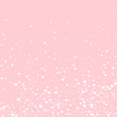 Sevgililer günü kalpleri, uçmak, düşmek, süzülmek. Beyaz kalpler pembe arka plana saçılmış. Sevimli sevgililer günü vektör illüstrasyonu.