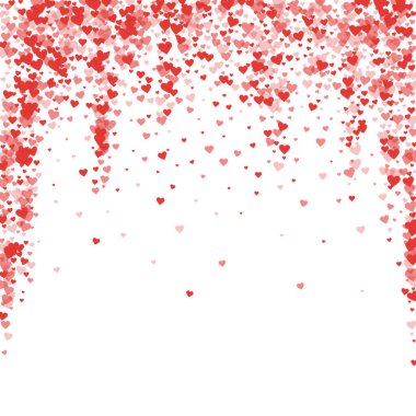 Sevgililer günü kalpleri, uçmak, düşmek, süzülmek. Kırmızı kalpler beyaz arka plana saçılmış. Sevimli sevgililer günü vektör illüstrasyonu.