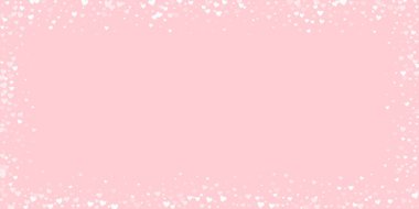 Serpiştirilmiş kalpler sevgililer günü şablonu. Beyaz kalpler pembe arka plana saçılmış. Kutlama serpiştirilmiş kalp vektör illüstrasyonu.