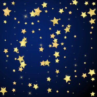 Sihirli yıldızlar vektör kaplaması. Altın yıldızlar rasgele etrafa saçılmış, düşüyor, yüzüyor. Kaotik rüya gibi çocuksu bir şablon. Koyu mavi arkaplanda sihirli yıldızlı büyüleyici vektör.