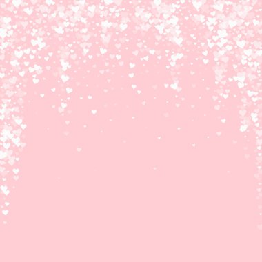 Sevgililer Günü için uçan kalpler. Beyaz kalpler pembe arka plana saçılmış. Güzel uçan kalpler vektör illüstrasyonu.