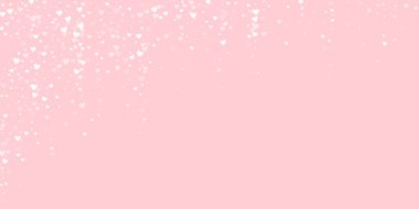 Sevgililer Günü için uçan kalpler. Beyaz kalpler pembe arka plana saçılmış. Güzel uçan kalpler vektör illüstrasyonu.