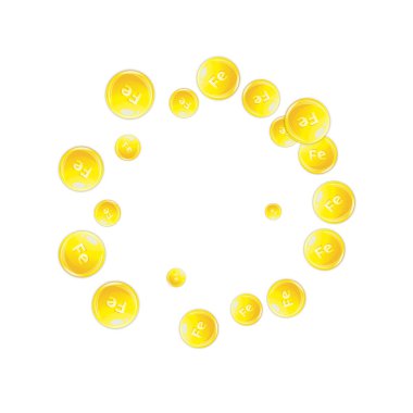 Ferritin yuvarlak damlacıklar rastgele dağılmış. Güzellik ve beslenme cilt bakımı. Sağlıklı yaşam konsepti. Temel vitamin vektör illüstrasyonu. 