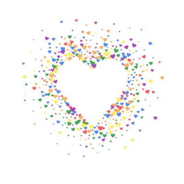 Serpiştirilmiş kalpler sevgililer günü şablonu. Gökkuşağı renkli dağınık kalpler. LGBT sevgililer günü kartı. Kutlama serpiştirilmiş kalp vektör illüstrasyonu.