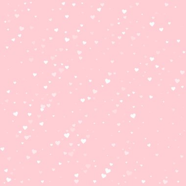 Kalp konfetisi sevgililer günü kaplaması. Beyaz kalpler pembe arka plana saçılmış. Joyfull Heart konfeti vektör çizimi