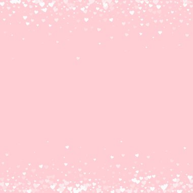 Düşen kalpler sevgililer günü kartı şablonu. Beyaz kalpler pembe arka plana saçılmış. Kaotik düşen kalpler vektör illüstrasyonu.