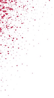 Sevgililer günü kalpleri, uçmak, düşmek, süzülmek. Kırmızı kalpler beyaz arka plana saçılmış. Sevimli sevgililer günü vektör illüstrasyonu.