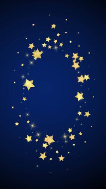 Sihirli yıldızlar vektör kaplaması. Altın yıldızlar rasgele etrafa saçılmış, düşüyor, yüzüyor. Kaotik rüya gibi çocuksu bir şablon. koyu mavi arkaplanda.