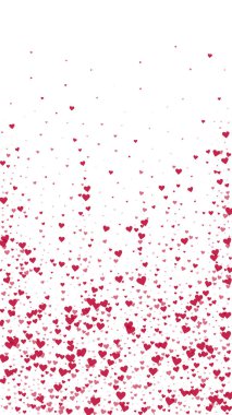 Sevgililer günü kalpleri, uçmak, düşmek, süzülmek. Kırmızı kalpler beyaz arka plana saçılmış. Sevimli sevgililer günü vektör illüstrasyonu.