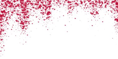 Düşen kalpler sevgililer günü kartı şablonu. Kırmızı kalpler beyaz arka plana saçılmış. Kaotik düşen kalpler vektör illüstrasyonu.