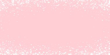 Sevgililer günü kalpleri, uçmak, düşmek, süzülmek. Beyaz kalpler pembe arka plana saçılmış. Sevimli sevgililer günü vektör illüstrasyonu.