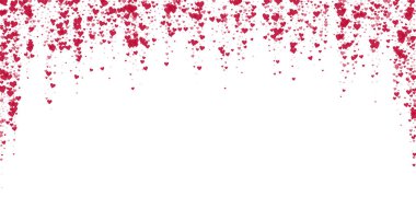 Düşen kalpler sevgililer günü kartı şablonu. Kırmızı kalpler beyaz arka plana saçılmış. Kaotik düşen kalpler vektör illüstrasyonu.