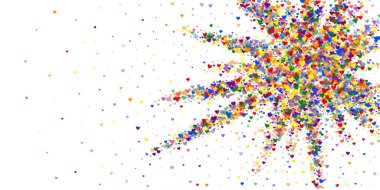 Kalp konfetisi sevgililer günü kaplaması. Gökkuşağı renkli dağınık kalpler. LGBT sevgililer günü kartı. Joyfull Heart konfeti vektör çizimi