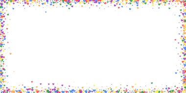 Serpiştirilmiş kalpler sevgililer günü şablonu. Gökkuşağı renkli dağınık kalpler. LGBT sevgililer günü kartı. Kutlama serpiştirilmiş kalp vektör illüstrasyonu.