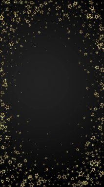 Parıldayan yıldızlar rastgele dağılmış, uçuyor, düşüyor, yüzüyor. Noel kutlaması kavramı. Siyah arkaplanda kutlama yıldızları vektör çizimi.