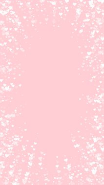 Düşen kalpler sevgililer günü kartı şablonu. Beyaz kalpler pembe arka plana saçılmış. Kaotik düşen kalpler vektör illüstrasyonu.