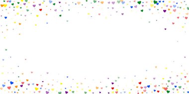 Düşen kalpler sevgililer günü kartı şablonu. Gökkuşağı renkli dağınık kalpler. LGBT sevgililer günü kartı. Kaotik düşen kalpler vektör illüstrasyonu.