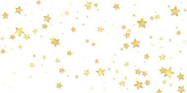 Sihirli yıldızlar vektör kaplaması. Altın yıldızlar rasgele etrafa saçılmış, düşüyor, yüzüyor. Kaotik rüya gibi çocuksu bir şablon. Beyaz arka planda sihirli yıldızlı büyüleyici vektör.