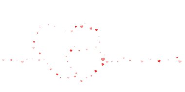 Sevgililer günü kalpleri, uçmak, düşmek, süzülmek. Kırmızı kalpler beyaz arka plana saçılmış. Sevimli sevgililer günü vektör illüstrasyonu.