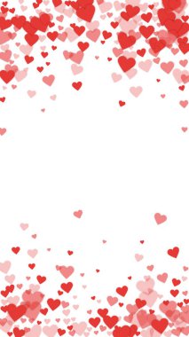 Sevgililer günü kalpleri, uçmak, düşmek, süzülmek. Kırmızı kalpler beyaz arka plana saçılmış. Sevimli sevgililer günü vektör illüstrasyonu.