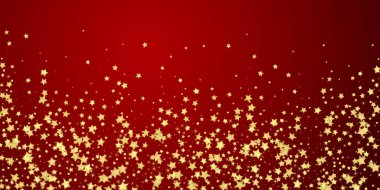 Sihirli yıldızlar vektör kaplaması. Altın yıldızlar rasgele etrafa saçılmış, düşüyor, yüzüyor. Kaotik rüya gibi çocuksu bir şablon. Kırmızı arkaplanda mucizevi yıldızlı gece vektörü.
