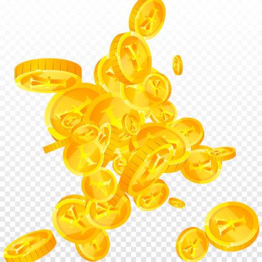 Japanese yen coins falling. Scattered gold JPY coins. Japan money. Great business success concept. Square vector illustration.
