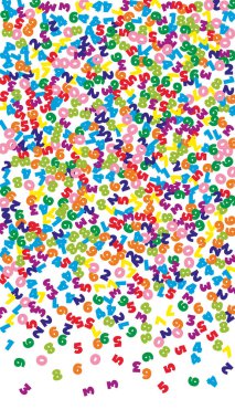 Rengarenk sayılar düşüyor. Uçan parmaklarla matematik çalışma konsepti. Beyaz arka planda okul matematik afişi için idealdir. Düşen numaralar illüstrasyonu.