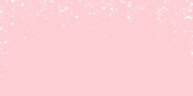 Kalp konfetisi sevgililer günü kaplaması. Beyaz kalpler pembe arka plana saçılmış. Joyfull Heart konfeti vektör çizimi