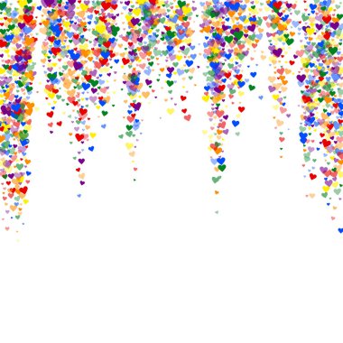 Serpiştirilmiş kalpler sevgililer günü şablonu. Gökkuşağı renkli dağınık kalpler. LGBT sevgililer günü kartı. Kutlama serpiştirilmiş kalp vektör illüstrasyonu.