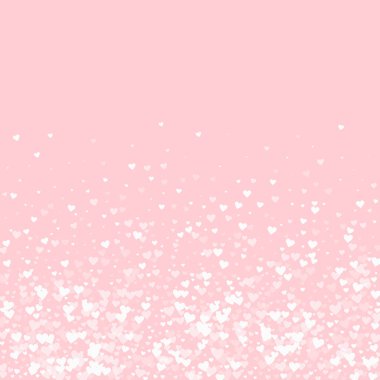 Sevgililer Günü için uçan kalpler. Beyaz kalpler pembe arka plana saçılmış. Güzel uçan kalpler vektör illüstrasyonu.