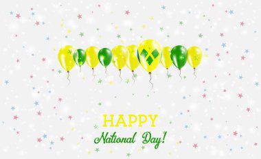 Saint Vincent And The Grenadines Independence Day Sparkling Patriotic Poster. Row of Balloons in Colors of the Saint Vincentian Flag. Greeting Card with National Flags, Confetti and Stars. clipart