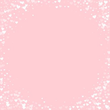 Düşen kalpler sevgililer günü kartı şablonu. Beyaz kalpler pembe arka plana saçılmış. Kaotik düşen kalpler vektör illüstrasyonu.