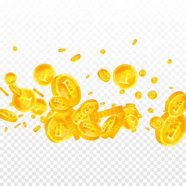 Swiss franc coins falling. Gold scattered CHF coins. Switzerland money. Great business success concept. Square vector illustration.