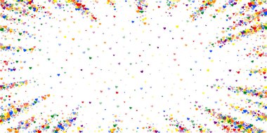 Sevgililer günü kalpleri, uçmak, düşmek, süzülmek. Gökkuşağı renkli dağınık kalpler. LGBT sevgililer günü kartı. Sevimli sevgililer günü vektör illüstrasyonu.