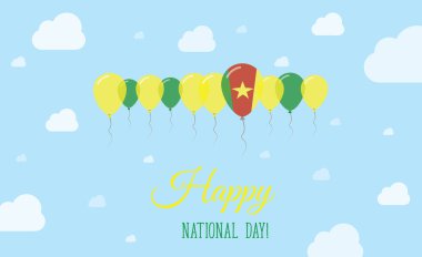 Kamerun Bağımsızlık Günü Vatansever Posteri. Kamerun Bayraklarının Renklerindeki Balonlar. Ulusal Bayrak, Mavi Kayak ve Bulutlu Tebrik Kartı.